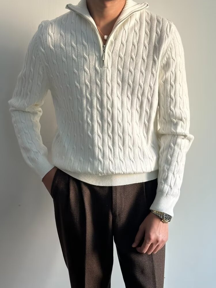 Pull demi-zip pour homme, collection automne 2024, style coréen, polyvalent, en maille épaisse à torsades, col rabattu._voghion.com