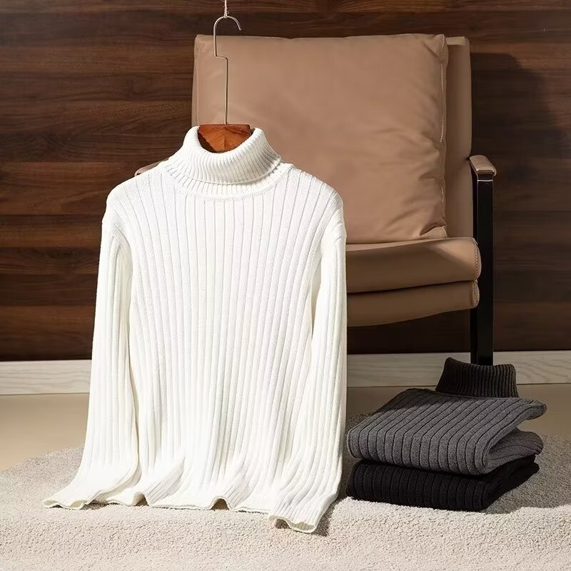 Pull à col roulé en maille torsadée unie pour homme, col rabattu, style tendance et ajusté, en maille épaisse._voghion.com
