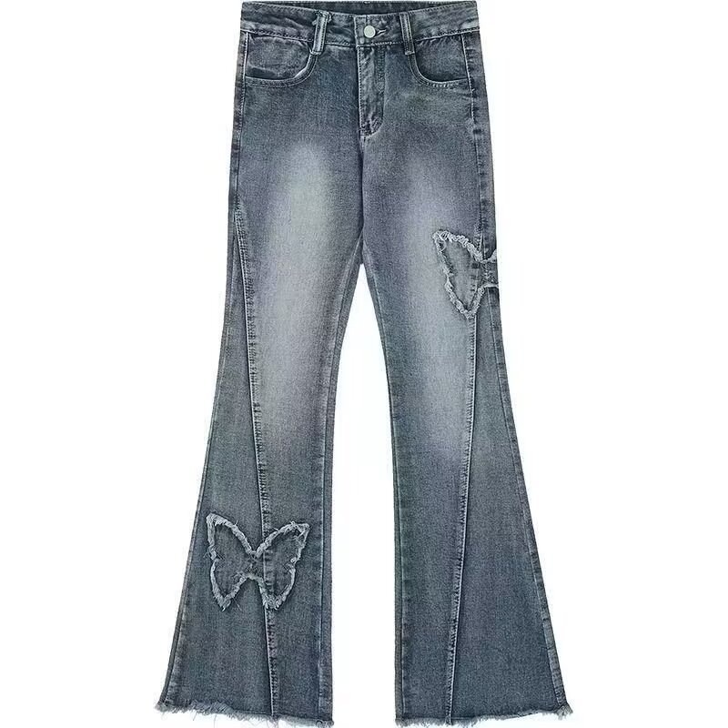 Jean évasé ChicShe Plus style américain tendance, broderie papillon, pour femme, été, grandes tailles, pantalon amincissant à jambes larges_voghion.com