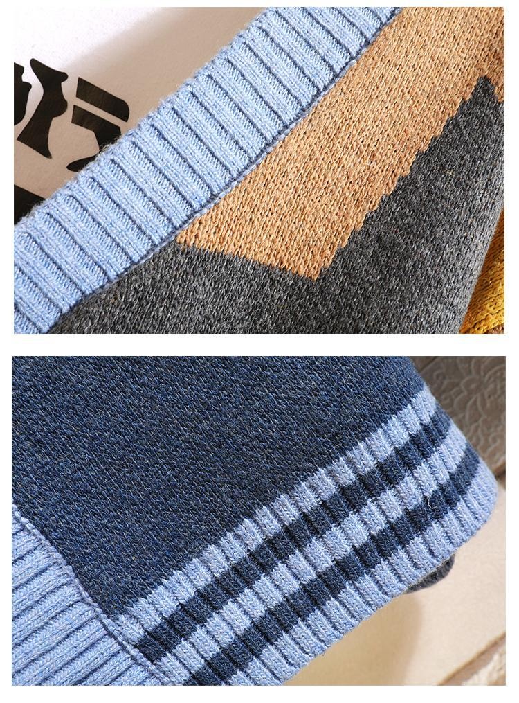 Herren-Cardigan für Jungen, Herbst/Winter, Design Sense Niche, V-Ausschnitt, Strick, locker, lange Ärmel, Patchwork, trendige Jacke_voghion.com