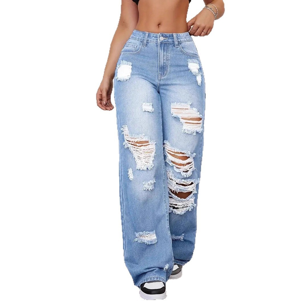 ChicShe European And American Cross-Border Trade Ripped Jeans Washed High Waist Straight Versatile Loose Denim Pants For Women_voghion.com