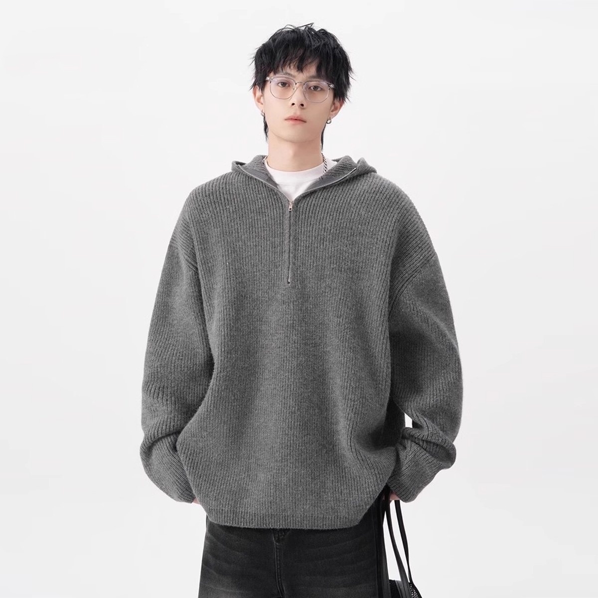 boy Boy Boy Boy Half-Zip Hooded Sweater For Men, Autumn Trendy Loose Cleanfit Knitwear, Lazy High-End Feel Couple's Jacket_voghion.com