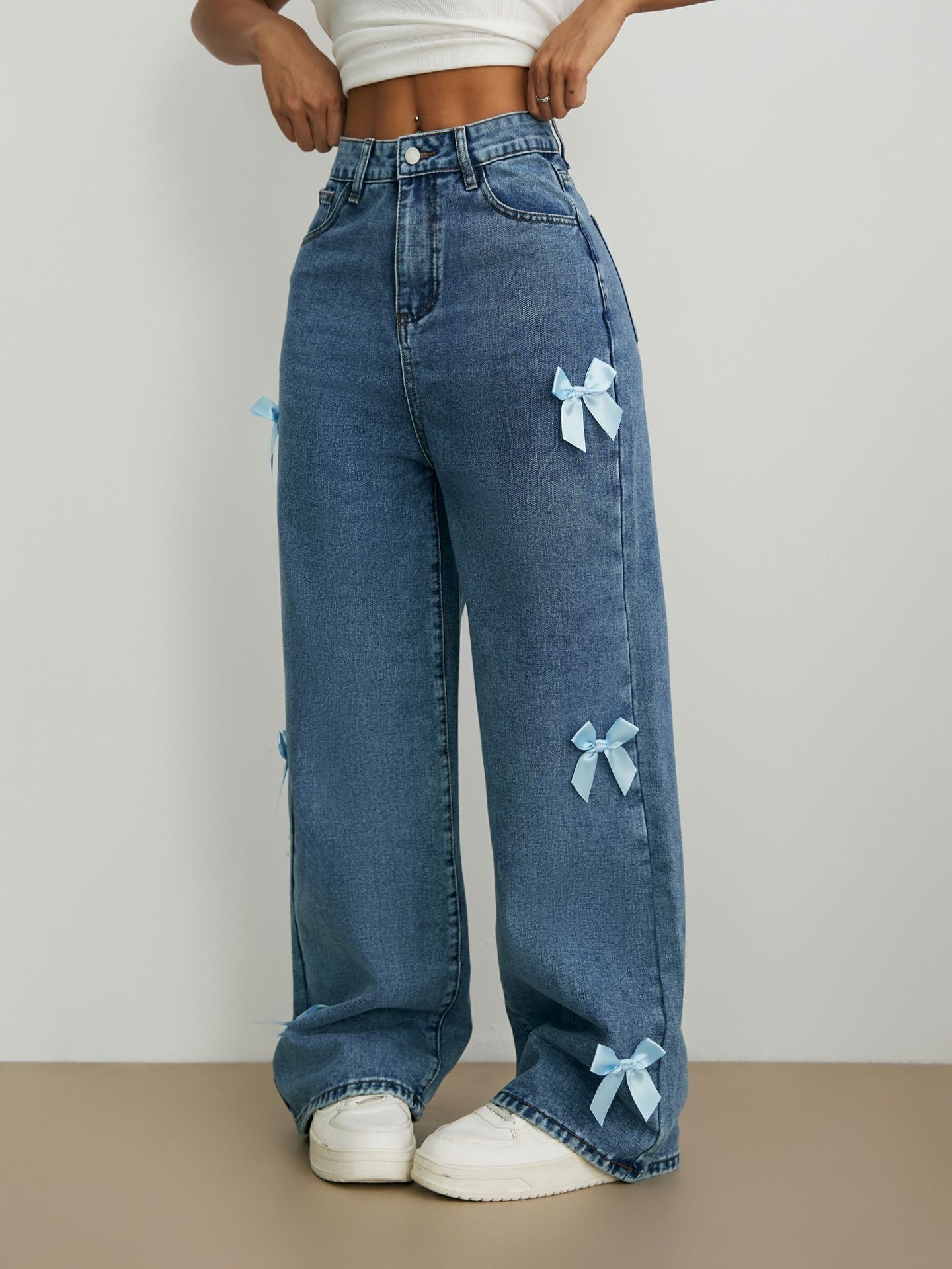 ChicShe Cross-Border Y2K Street Style Hot Girl Bow Washed Jeans Loose Straight Wide-Leg Pants JEANS_voghion.com
