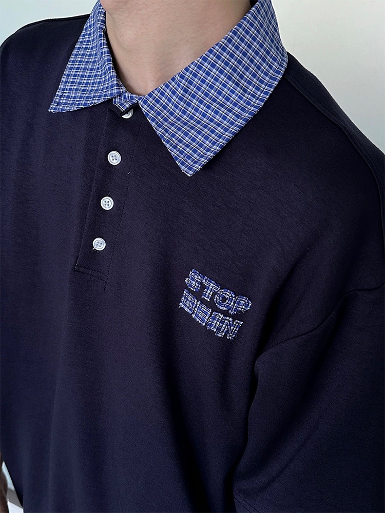 boy Boy Two-Piece American Retro Polo For Men, Spring And Autumn Style, Trendy Brand, High-End Sweatshirt, Plaid Patchwork_voghion.com