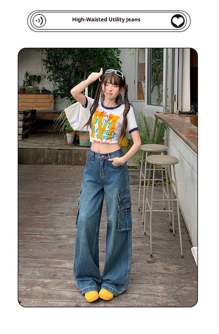 ChicShe Vintage Blue Washed Cargo Jeans For Women New American Retro High Waist Straight Wide Leg Pants_voghion.com
