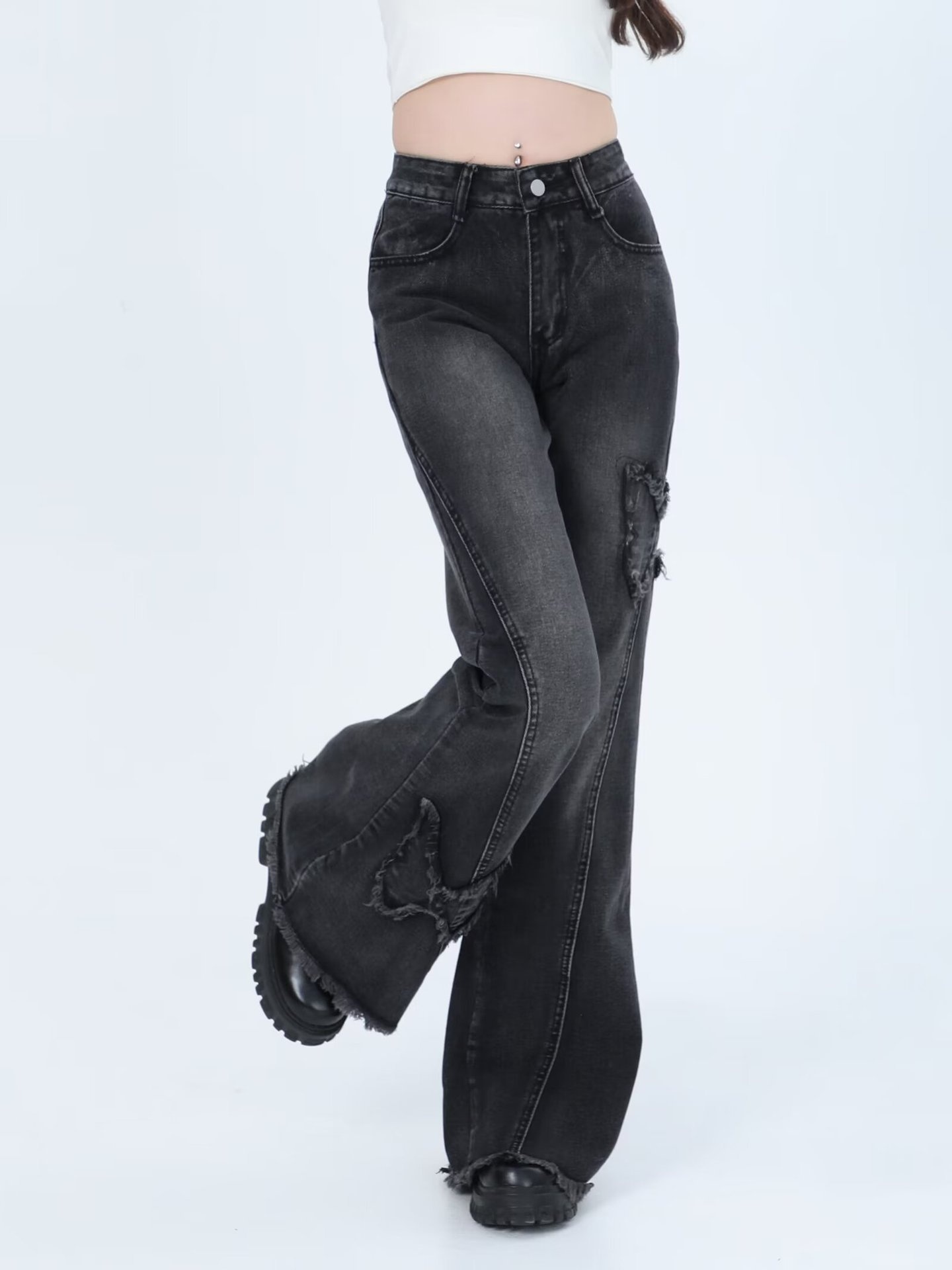 Jean évasé ChicShe Plus style américain tendance, broderie papillon, pour femme, été, grandes tailles, pantalon amincissant à jambes larges_voghion.com