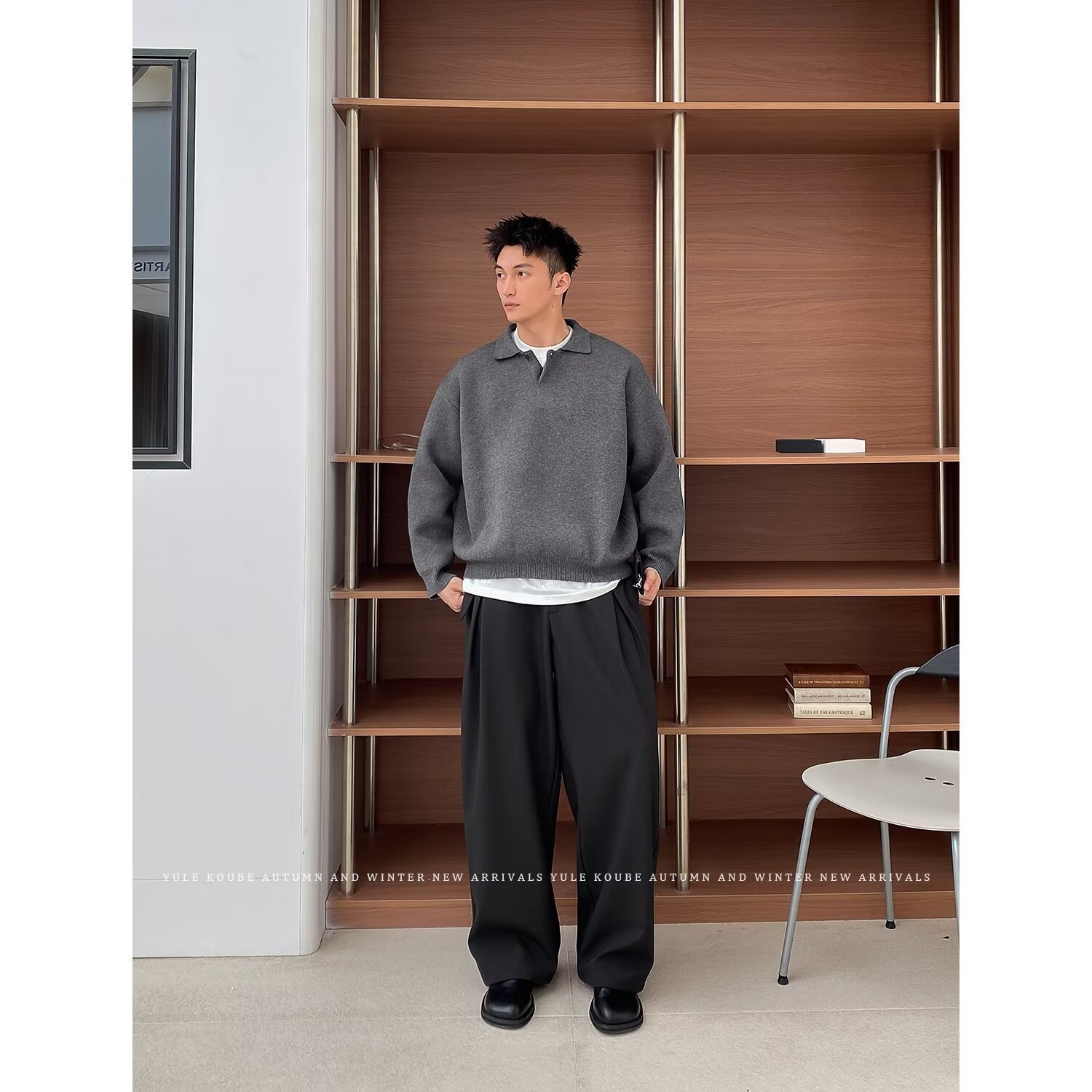 boy Boy Boy Boy Gray Polo Sweater Lazy High-End Feel Winter Heavyweight Turn-Down Collar Knitwear Men's American Cleanfit Jacket_voghion.com