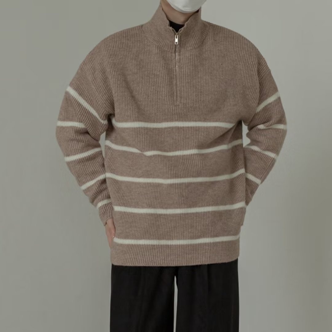 boy Boy Boy Boy Japanese Style Turn-Down Collar Sweater For Men, Autumn Korean Version, Lazy Style, Versatile Striped Pullover, Half-Zip_voghion.com