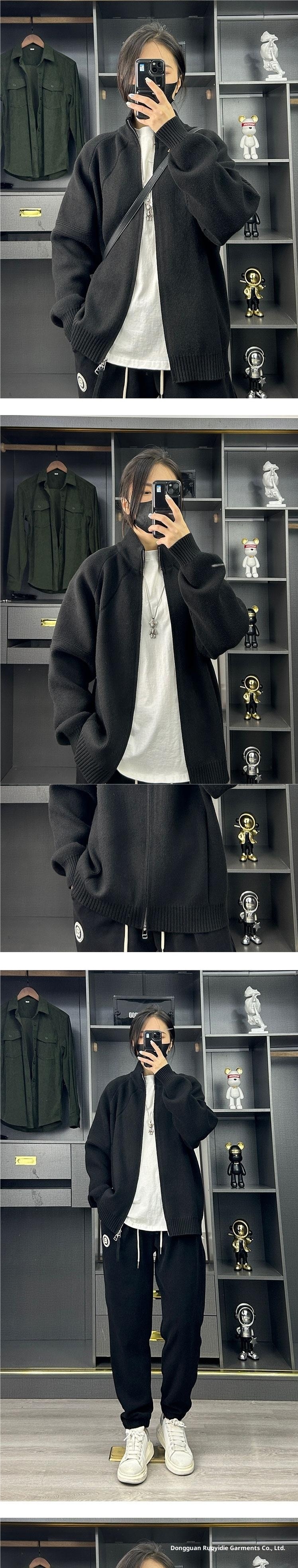 Jungen-Cardigan, grauer Stehkragenpullover, Herren-Herbst-Winter-Style, amerikanische Trendmarke, College-Stil, coole Strickjacke_voghion.com