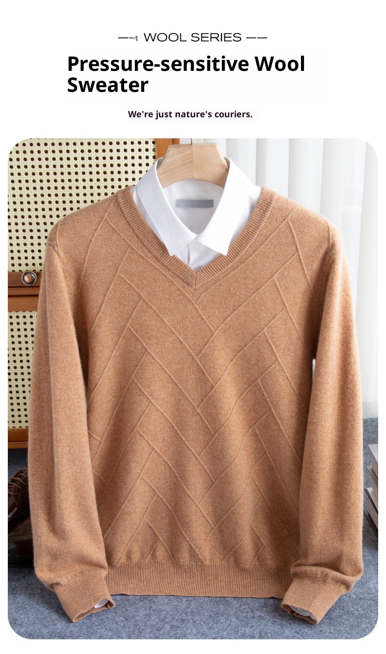 Maglione spesso da uomo in pura lana con scollo a V, autunno inverno 2024, nuovo modello casual da lavoro, con scollo a cuore_voghion.com