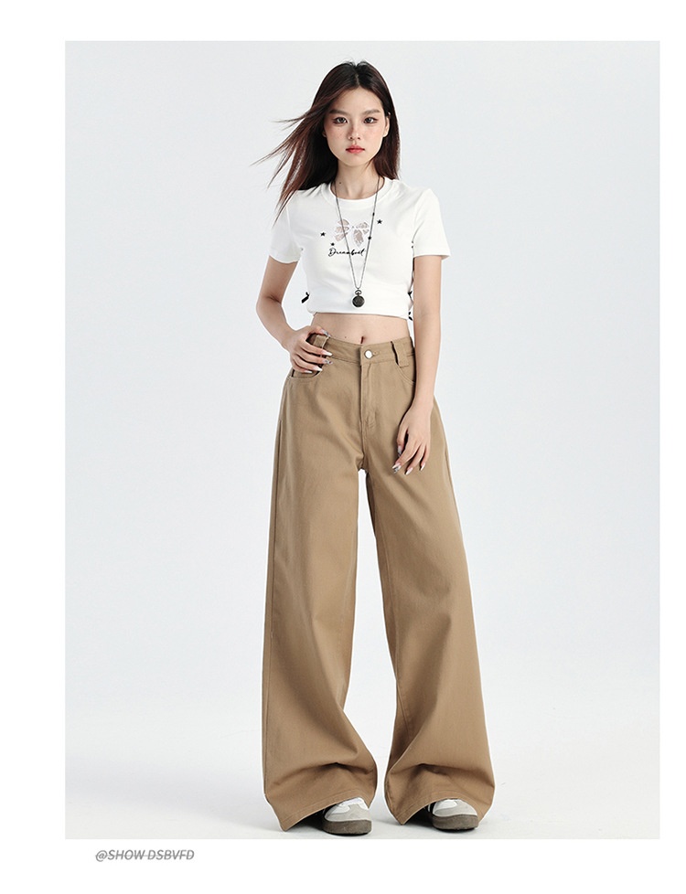 ChicShe Hong Kong-stijl rechte jeans voor dames, zomer, nieuwe high-end Latte Brown losse, afslankende, wijde broek tot op de grond_voghion.com