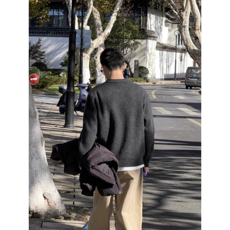 boy Boy Boy Boy Japanese Style Casual Light Lapel Sweater For Men, Autumn Lazy Polo Knitwear, Simple Versatile Loose Top_voghion.com