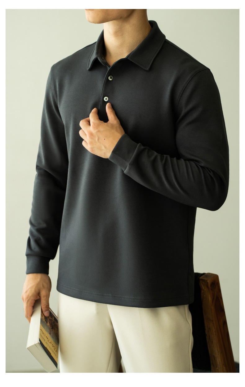 Polo da uomo a maniche lunghe con colletto rovesciato, stile business casual, stile pendolare, modello Boy, pesante, double-face, a strati d'aria, primavera 2025_voghion.com