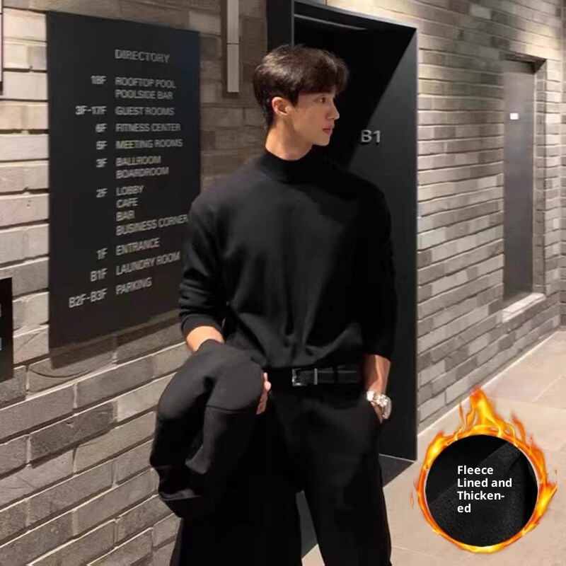 boy Boy Boy Boy Fanwo FW9922 2024 Winter Half Turtleneck High-Quality One-Piece Fleece Sweater Base Layer Slightly Wide Version Non-Iron_voghion.com