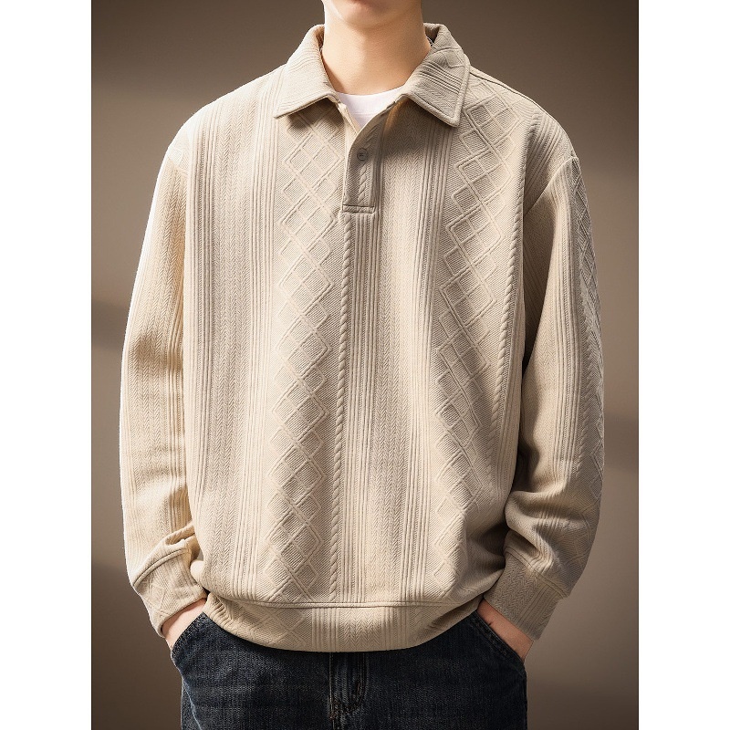 boy Boy High-Ed Frech Style Diamod Patter Jacquard Log-Sleeve Kit Sweater Me, Autum Textured Loose Fit Polo Shirt For_voghion.com