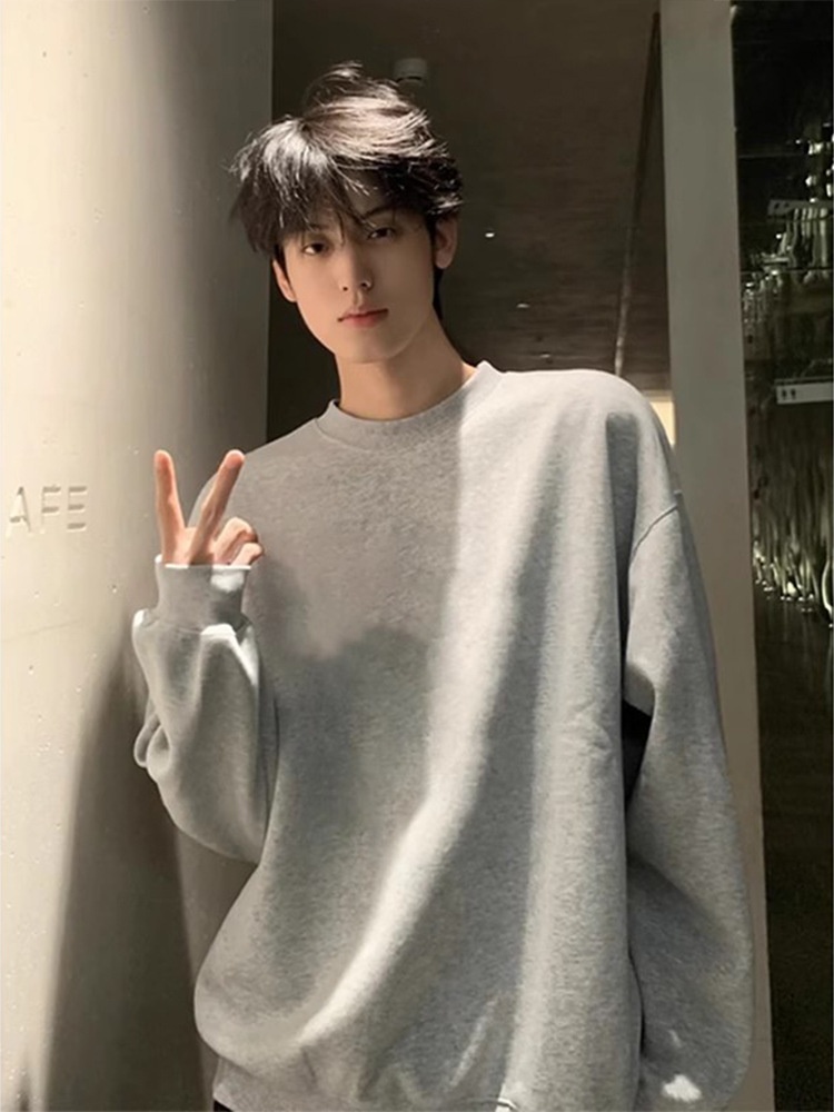 Schwarzes Herren-Sweatshirt im amerikanischen Stil, Herbst/Winter, Fleece, Cleanfit, schweres Langarmshirt aus reiner Baumwolle_voghion.com