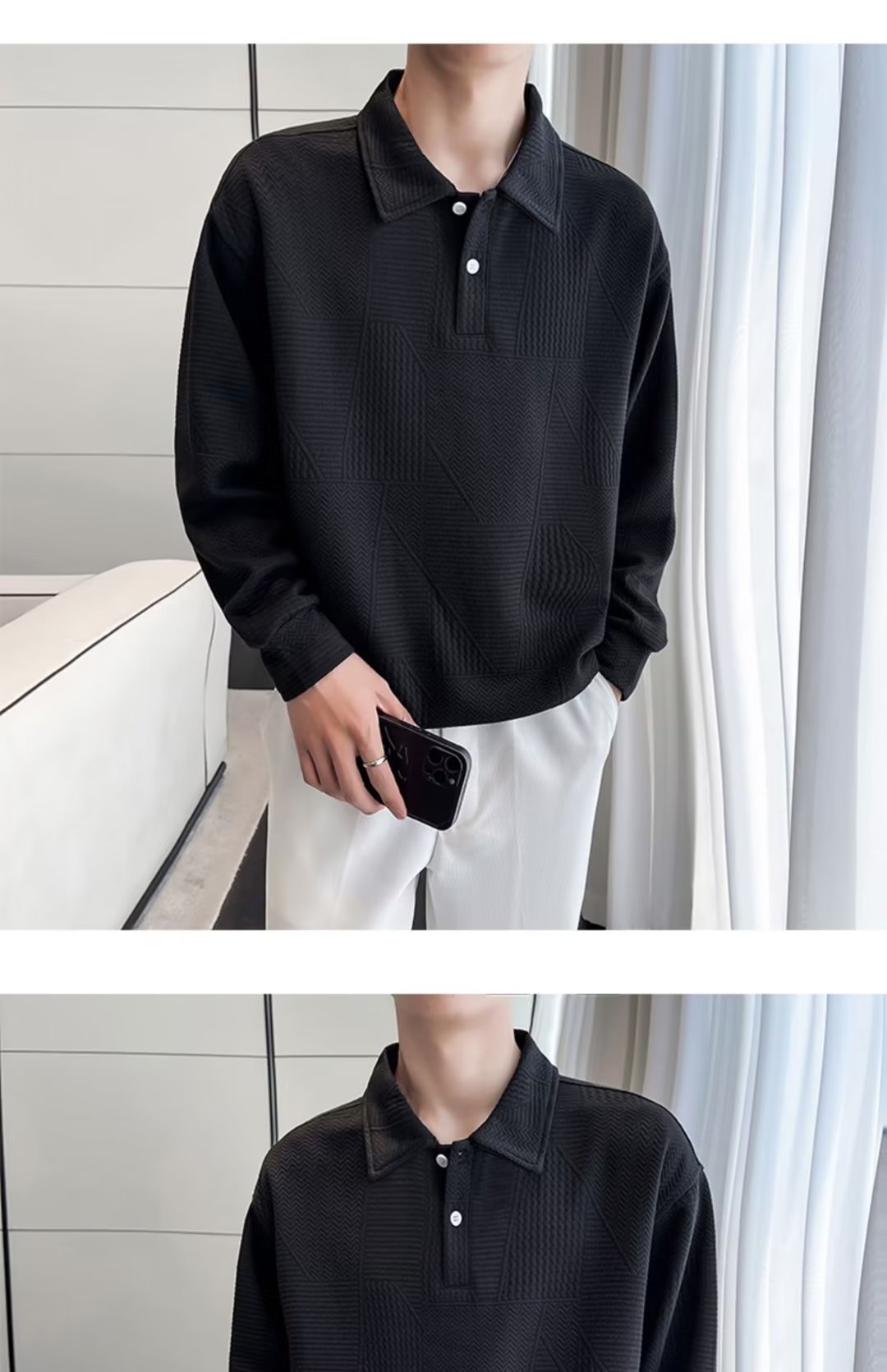 Polo da uomo con colletto rovesciato, modello primavera-autunno a nido d'ape, elegante e alla moda, versatile, casual e matura_voghion.com