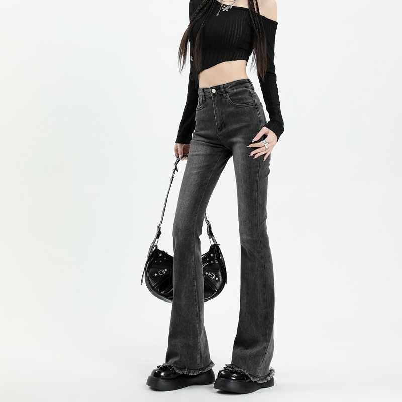 ChicShe Gray Jeans Women, Autumn High Waist Slimming Bootcut Pants, Petite Elastic Frayed Flared Trousers For Fall And Winter_voghion.com