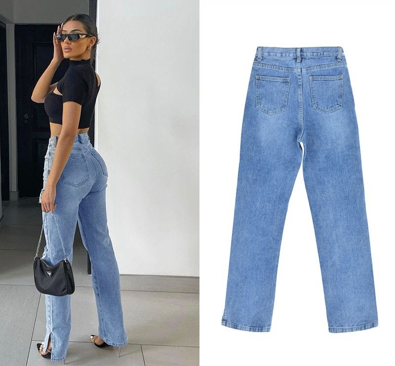 ChicShe European American Women's Fashion High Waist Slimming Straight Leg Jeans Floor-Length With Ripped Cuffs And Slit Hem_voghion.com