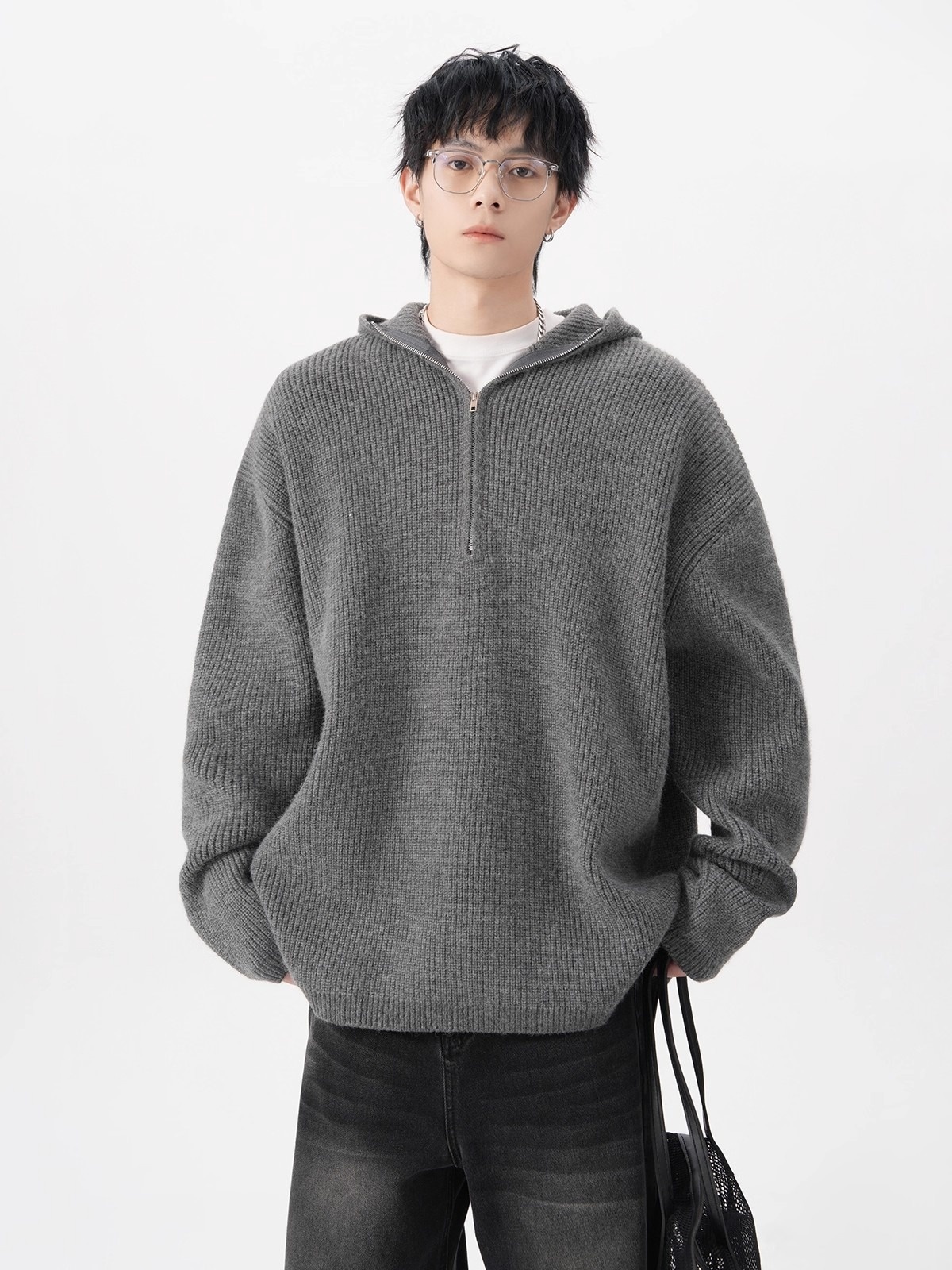 boy Boy Boy Boy Half-Zip Hooded Sweater For Men, Autumn Trendy Loose Cleanfit Knitwear, Lazy High-End Feel Couple's Jacket_voghion.com