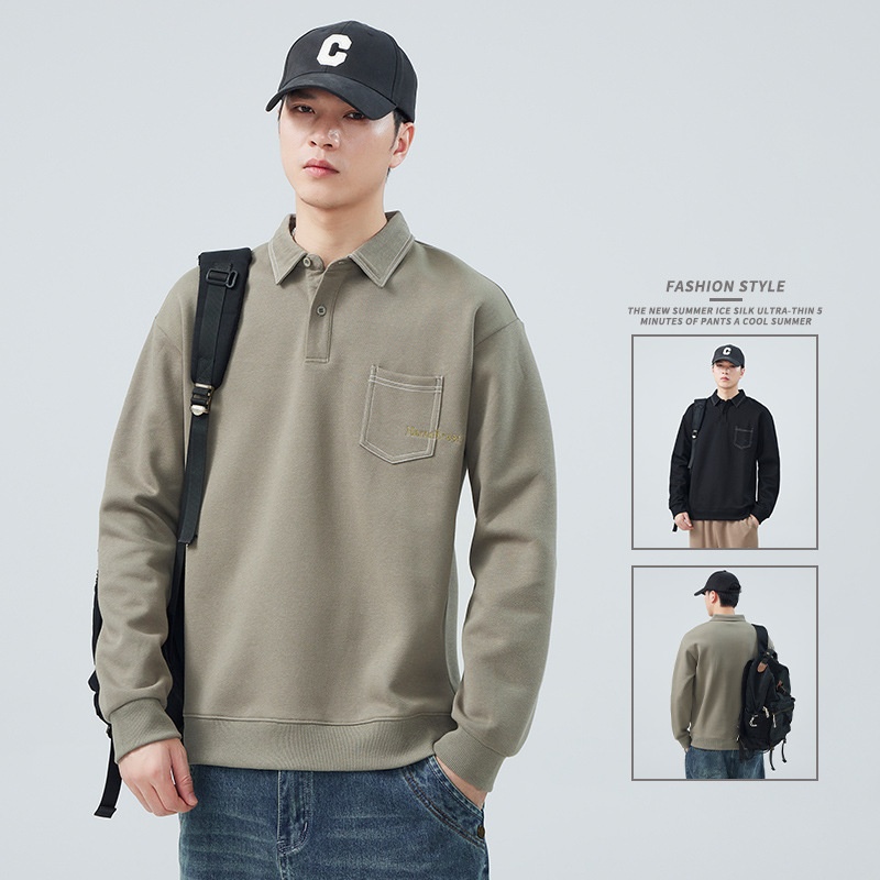 boy Boy 2024 Spring And New American Style Trendy Brand Sweatshirt Men's Turn-Down Collar Autumn Heavyweight High Street Polo_voghion.com