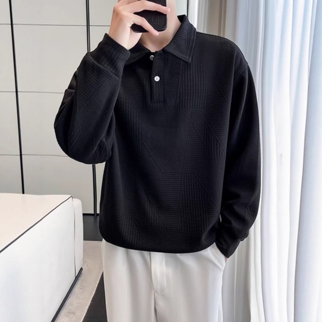 Polo da uomo con colletto rovesciato, modello primavera-autunno a nido d'ape, elegante e alla moda, versatile, casual e matura_voghion.com