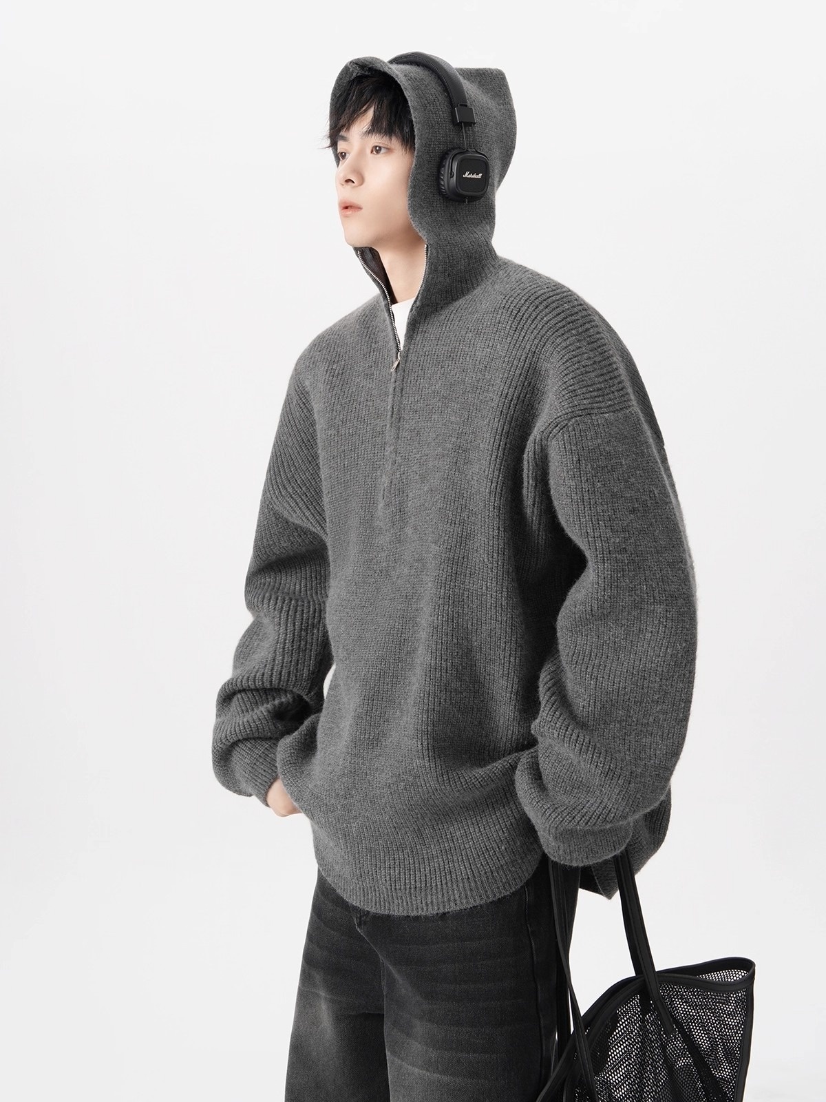 boy Boy Boy Boy Half-Zip Hooded Sweater For Men, Autumn Trendy Loose Cleanfit Knitwear, Lazy High-End Feel Couple's Jacket_voghion.com