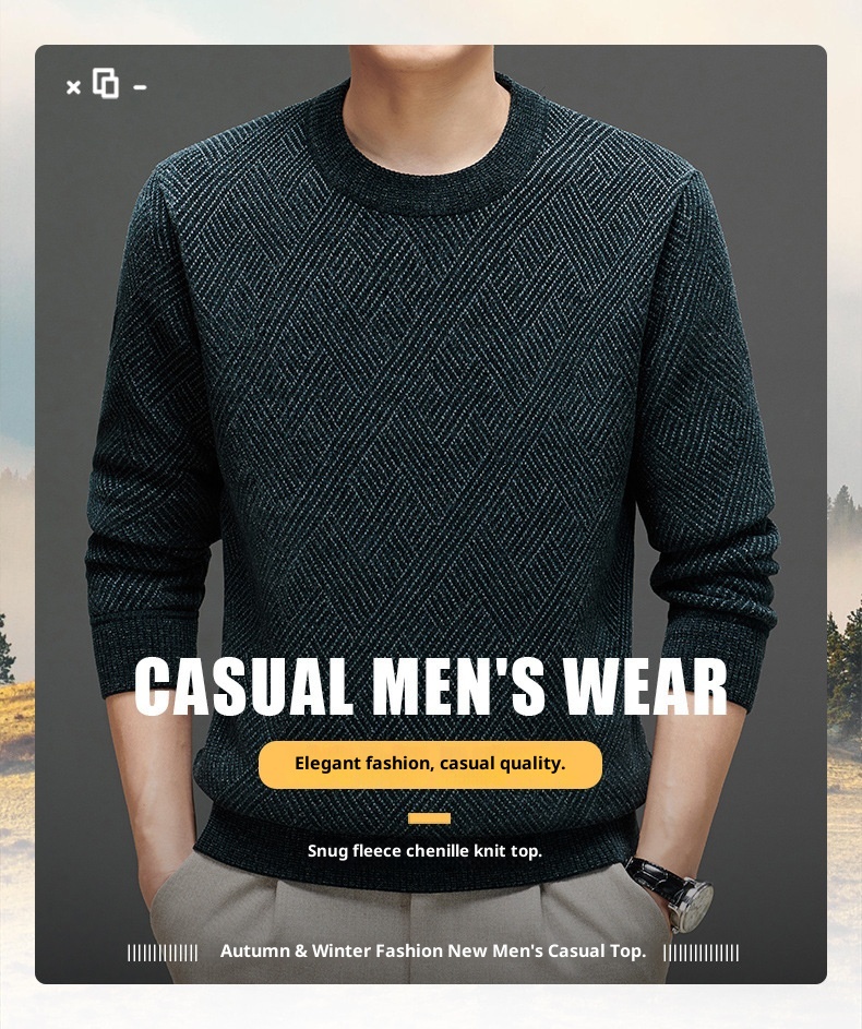 boy Boy Boy Boy 2023 Winter New Thickened Chenille Fleece Knitted Men's Round Neck Warm Base Layer Sweater_voghion.com