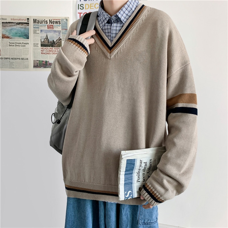 boy Boy Boy Boy Autumn Winter Sweater Men V-Neck Japanese Retro Loose Korean Style Pullover Casual Trendy Brand BF Color Block Knitwear_voghion.com