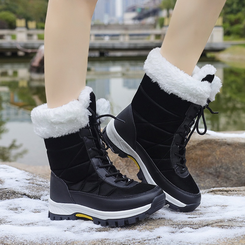 Zees 2025 Damen-Winterskischuhe, warm mit Fleece gefüttert, hohe Schnürschuhe aus Baumwolle, rutschfeste Wanderschuhe_voghion.com