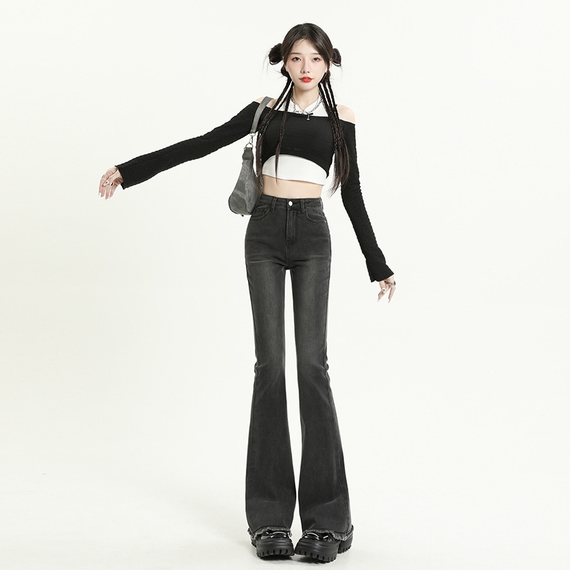 ChicShe Vintage High-Waisted Jeans voor dames 2025 Herfst Nieuwe Small Slim Fit Gerafelde Uitlopende Broek_voghion.com
