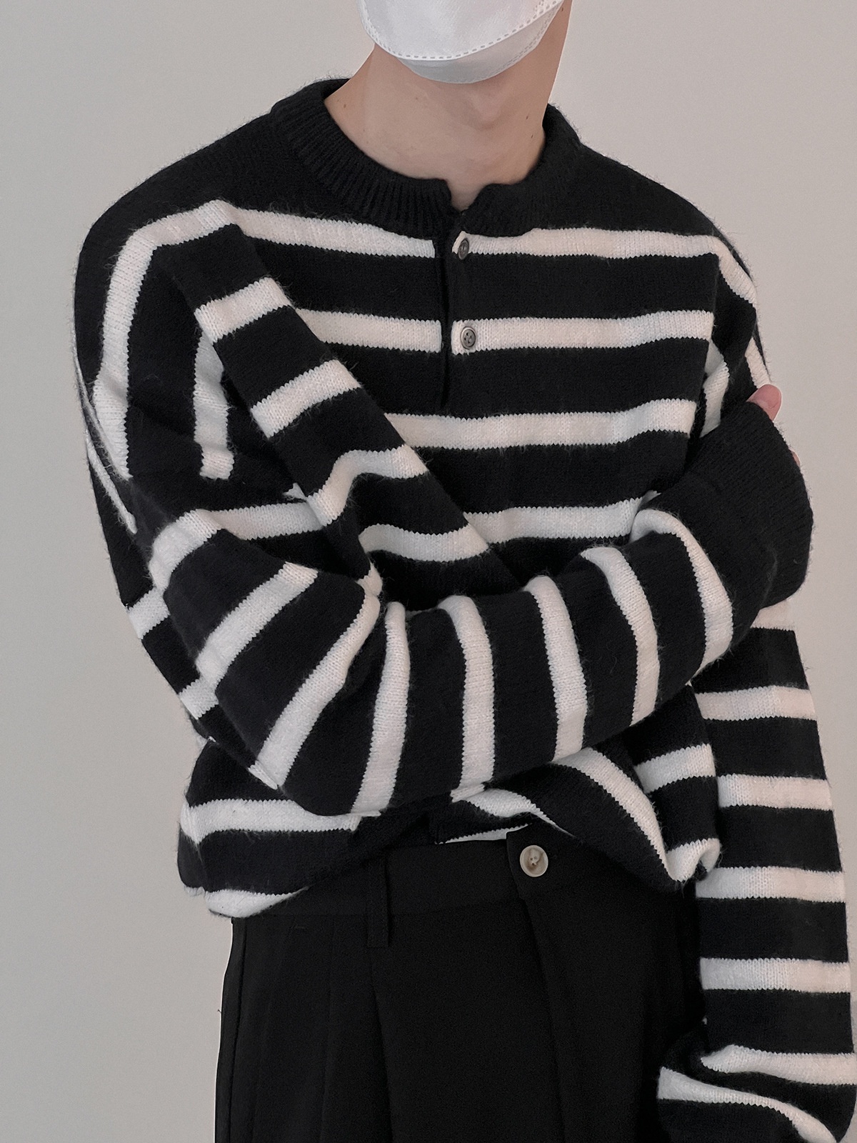 boy Boy Boy Boy Textured Japanese-Style Striped Sweater For Men With Buttons, Round Neck, Autumn Winter Casual Knitwear, Korean Version,_voghion.com