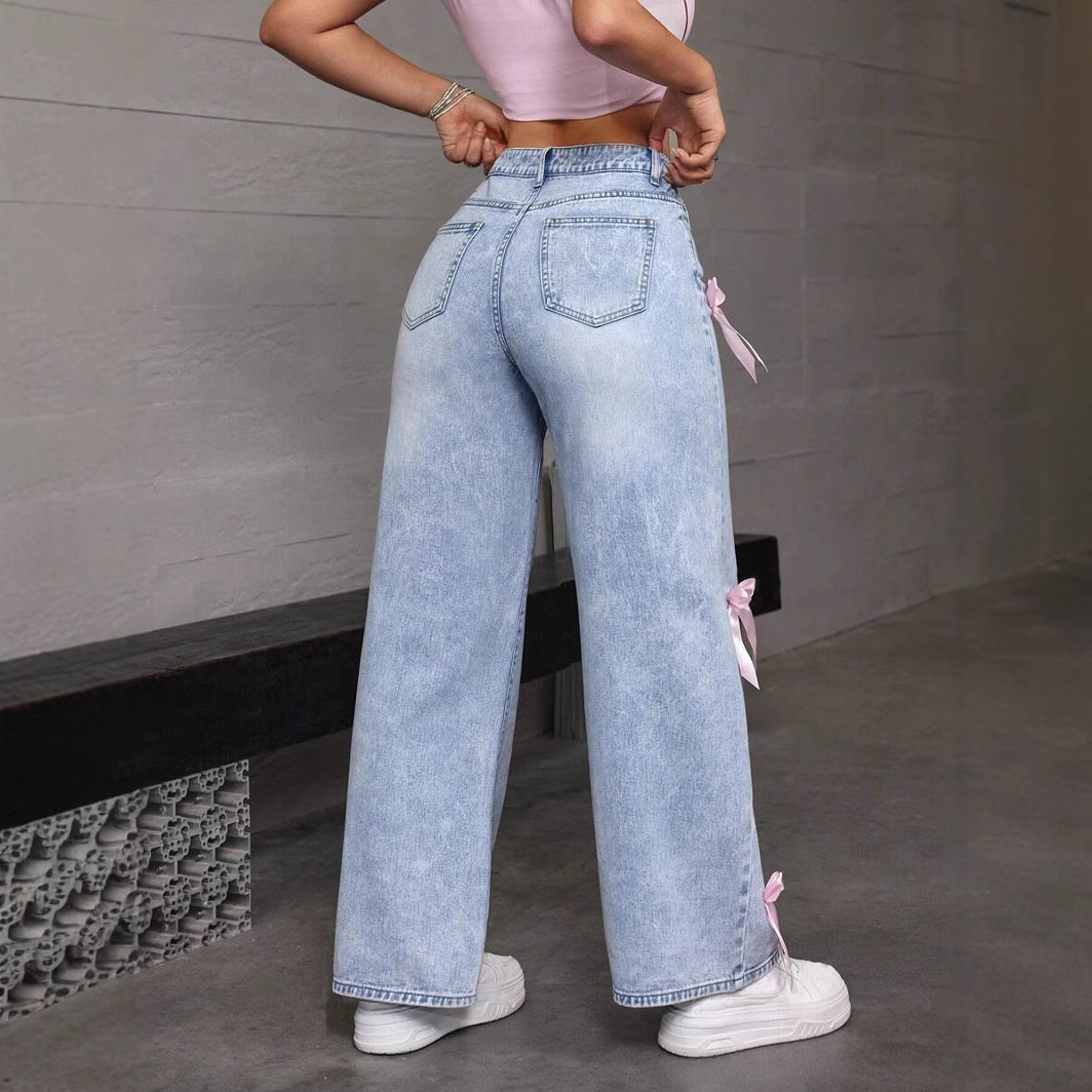 ChicShe Cross-Border Y2K Street Style Hot Girl Bow Washed Jeans Loose Straight Wide-Leg Pants JEANS_voghion.com