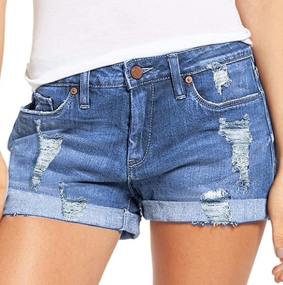 ChicShe European And American Foreign Trade Cross-Border Source Stretch Ripped Cuffed Denim Shorts For Women_voghion.com