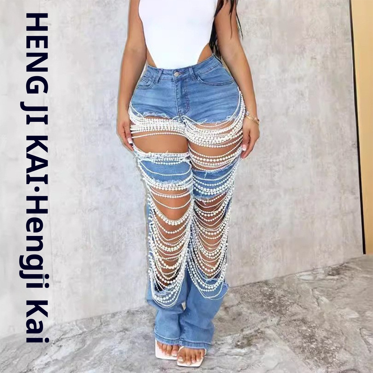 ChicShe Spicy Girl Zomer Europese en Amerikaanse Cross-Border Distressed Heavy Beaded Elastische Jeans Lange Broek Dames JEANS_voghion.com