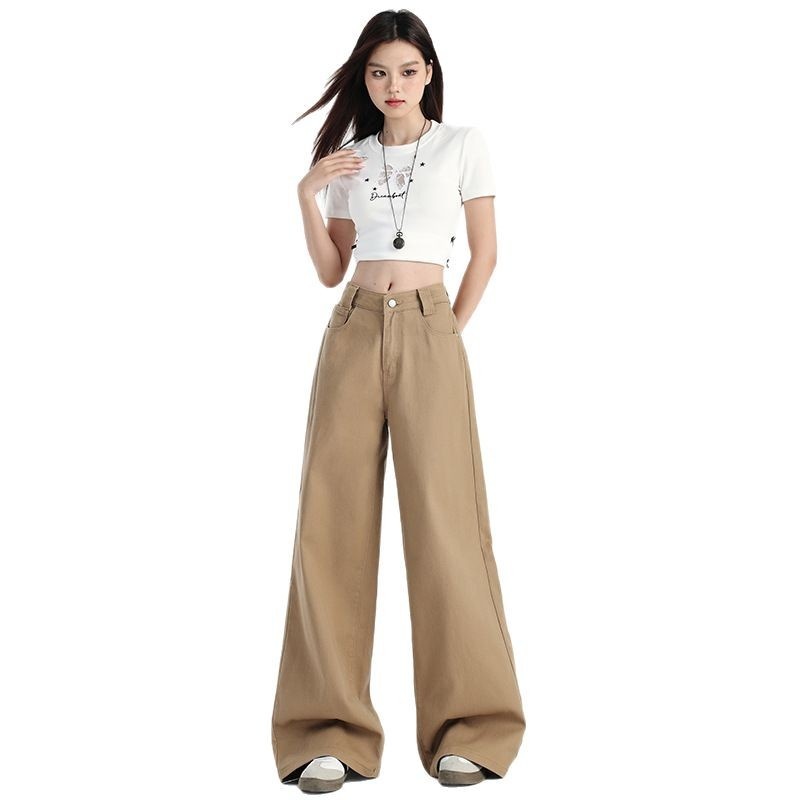 ChicShe Hong Kong-stijl rechte jeans voor dames, zomer, nieuwe high-end Latte Brown losse, afslankende, wijde broek tot op de grond_voghion.com