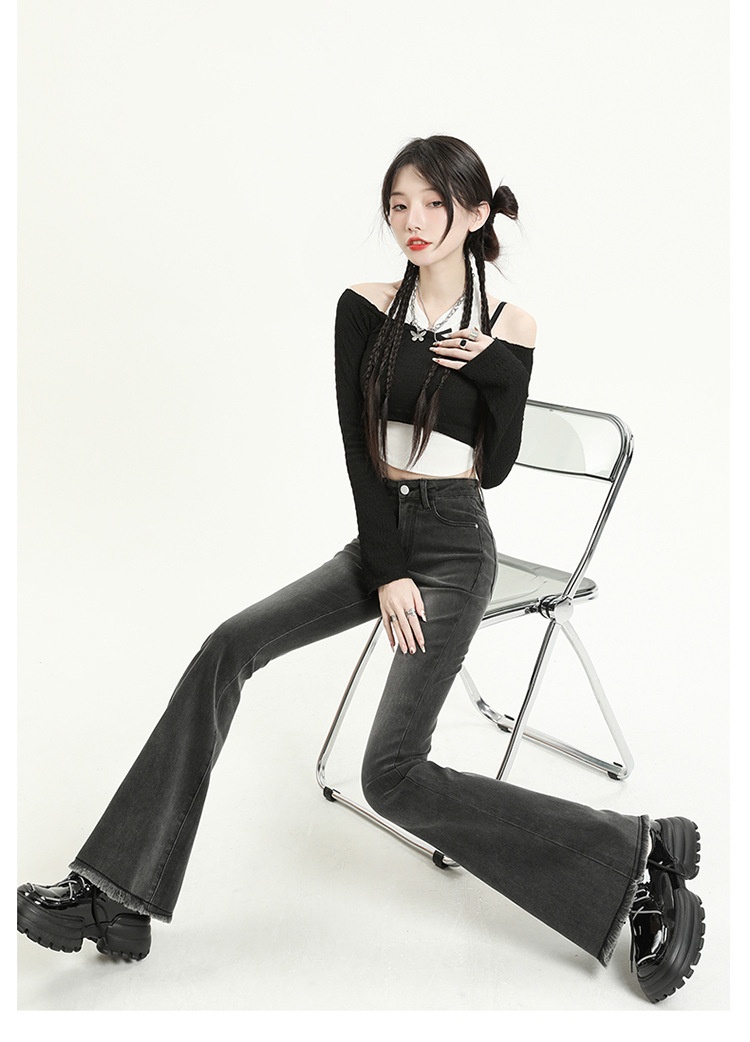 ChicShe Vintage High-Waisted Jeans voor dames 2025 Herfst Nieuwe Small Slim Fit Gerafelde Uitlopende Broek_voghion.com