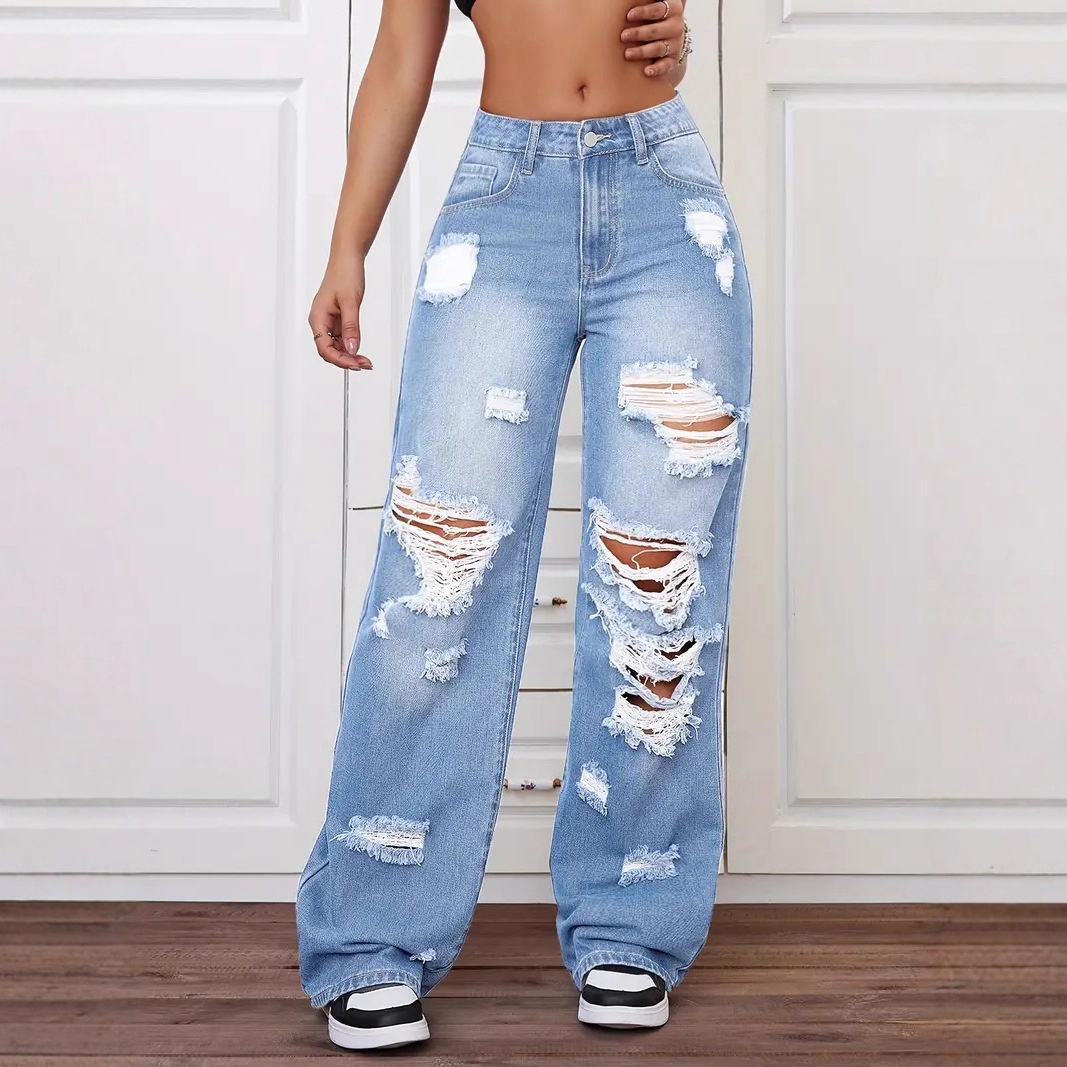 ChicShe European And American Cross-Border Trade Ripped Jeans Washed High Waist Straight Versatile Loose Denim Pants For Women_voghion.com