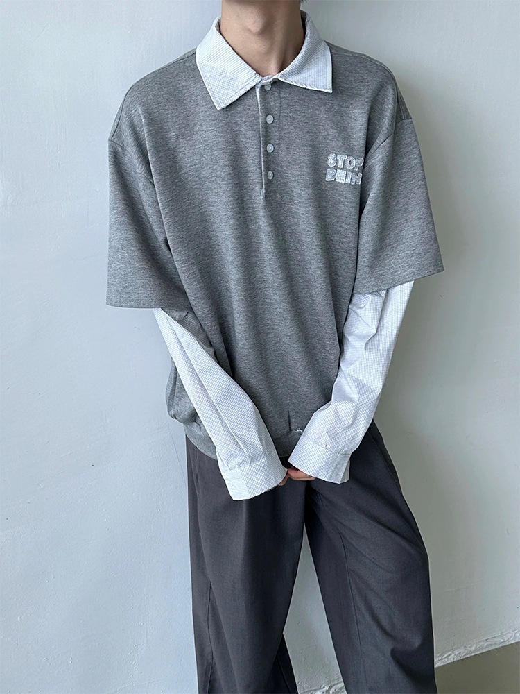 boy Boy Two-Piece American Retro Polo For Men, Spring And Autumn Style, Trendy Brand, High-End Sweatshirt, Plaid Patchwork_voghion.com