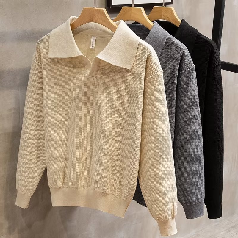 boy Boy Turn-Down Collar Knit Autumn Winter 2022 New Style Men High-End Trendy Pullover Long Sleeve Polo Sweater_voghion.com