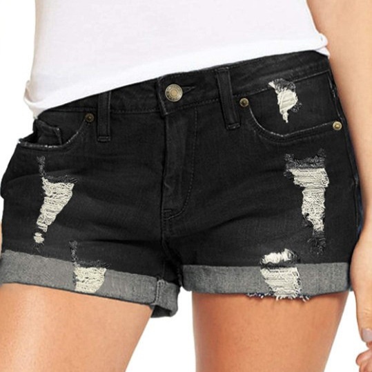 ChicShe European And American Foreign Trade Cross-Border Source Stretch Ripped Cuffed Denim Shorts For Women_voghion.com
