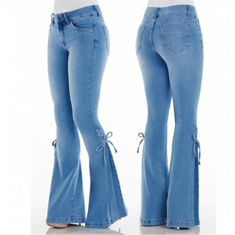 ChicShe Dames Europese en Amerikaanse stijl Mid-Waist Veterbroek Denim Stretchy Flared Jeans_voghion.com