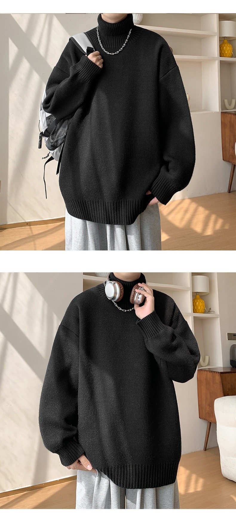 boy Boy Boy Boy Turnable High Collar Men Winter Plus Size Trendy Loose Fit Versatile Knitted Sweater Casual Inner Layer Base Shirt_voghion.com