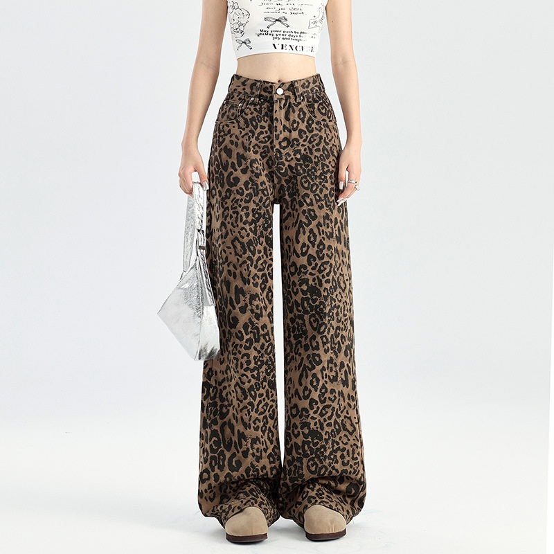 ChicShe luipaardprint wijde jeans voor dames herfst 2025 nieuwe hoge taille Amerikaanse stijl losse afslankende smalle versie_voghion.com