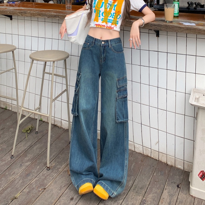 ChicShe Vintage Blue Washed Cargo Jeans For Women New American Retro High Waist Straight Wide Leg Pants_voghion.com