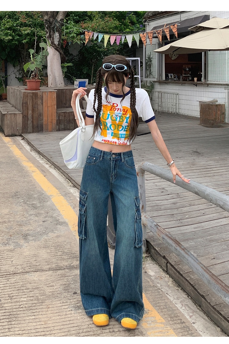 ChicShe Vintage Blue Washed Cargo Jeans For Women New American Retro High Waist Straight Wide Leg Pants_voghion.com