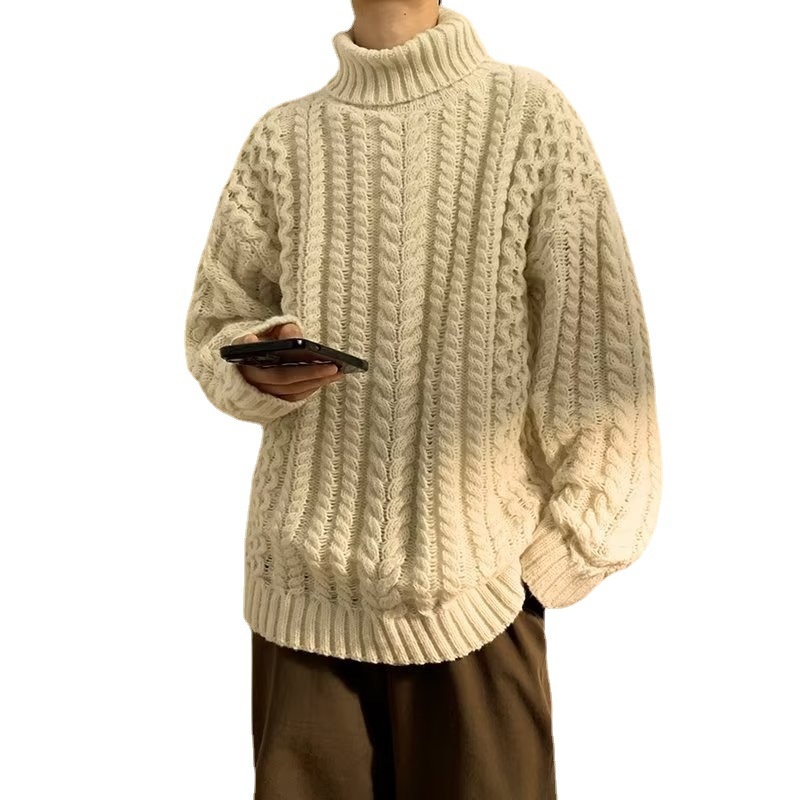 Pull en maille épaisse à torsades pour homme, col montant, automne-hiver, style américain décontracté, haut de gamme._voghion.com