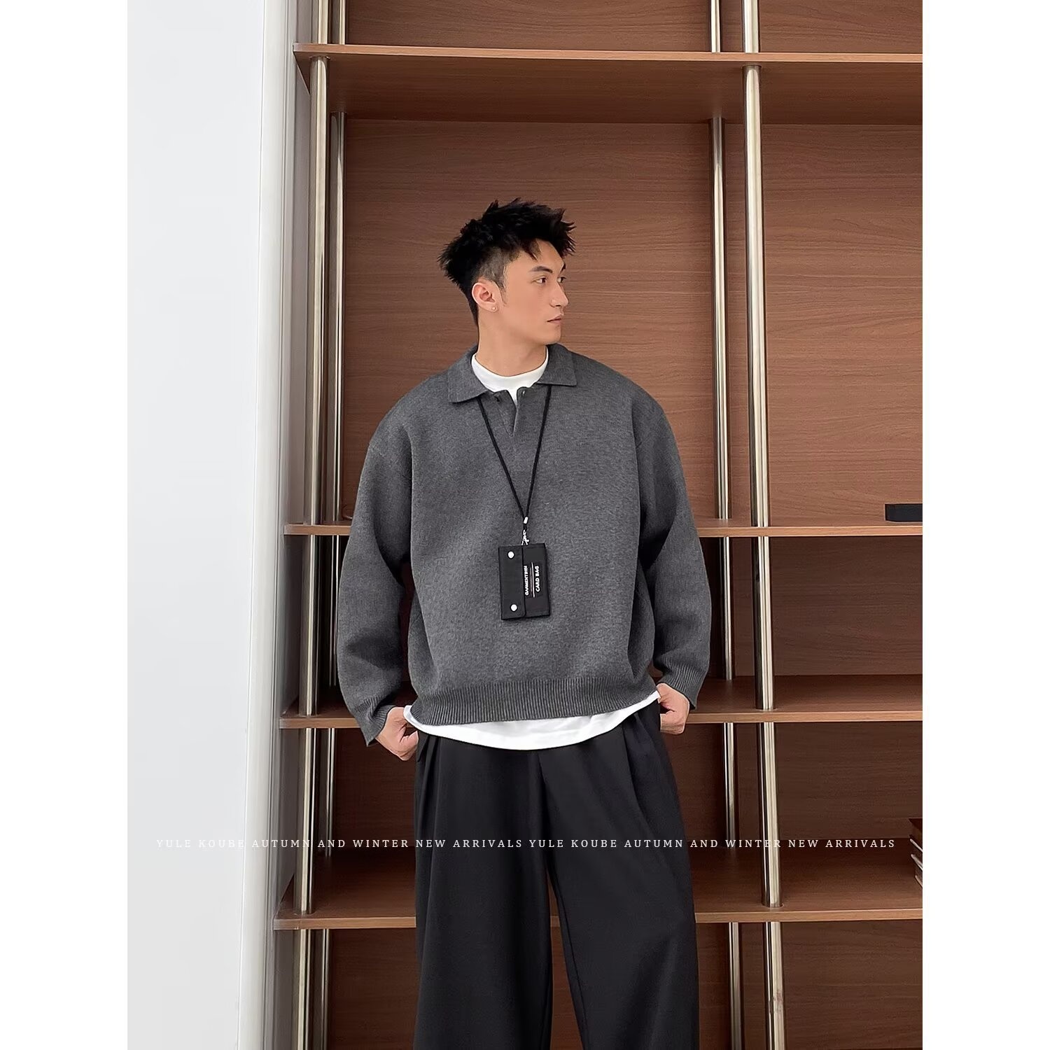 boy Boy Boy Boy Gray Polo Sweater Lazy High-End Feel Winter Heavyweight Turn-Down Collar Knitwear Men's American Cleanfit Jacket_voghion.com
