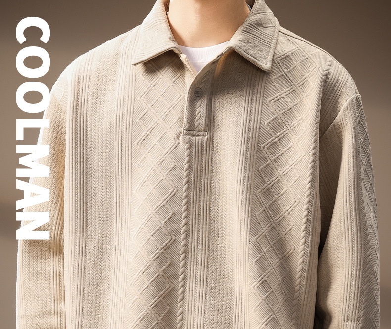 boy Boy High-Ed Frech Style Diamod Patter Jacquard Log-Sleeve Kit Sweater Me, Autum Textured Loose Fit Polo Shirt For_voghion.com