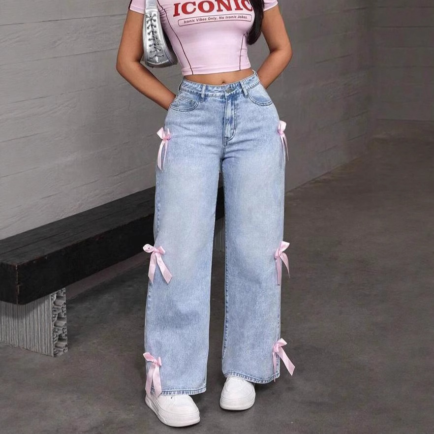 ChicShe Cross-Border Y2K Street Style Hot Girl Bow Washed Jeans Loose Straight Wide-Leg Pants JEANS_voghion.com